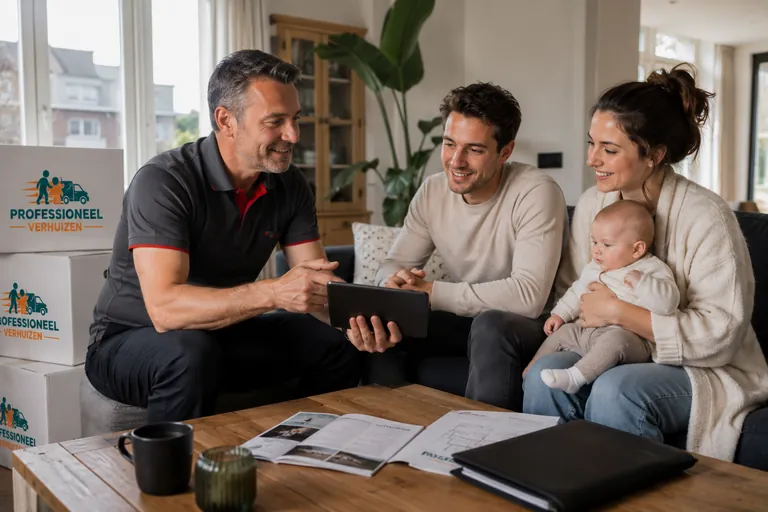 Verhuisadviseur bespreekt een verhuisofferte met een gezin