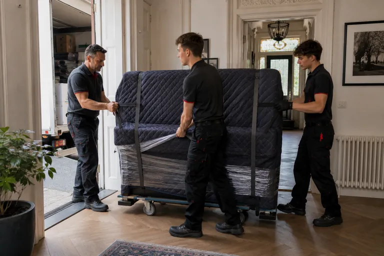 Professionele verhuizers vervoeren een beschermde piano