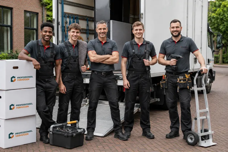Team van professionele verhuizers bij een verhuiswagen