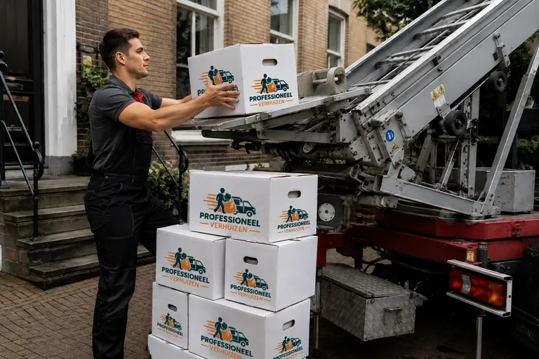 Verhuizer plaatst verhuisdozen op een verhuislift